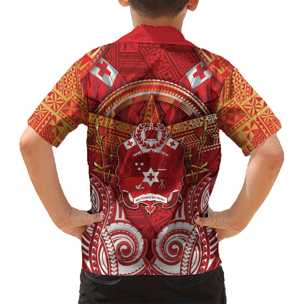 Tonga King's Birthday Family Matching Off Shoulder Short Dress and Hawaiian Shirt Gold Royal Crown Tribal Patterns