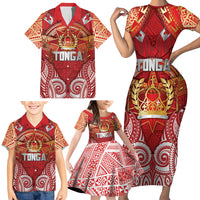 Tonga King's Birthday Family Matching Short Sleeve Bodycon Dress and Hawaiian Shirt Gold Royal Crown Tribal Patterns