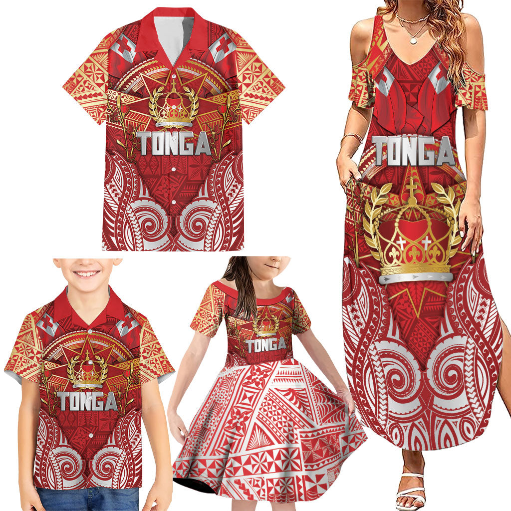 Tonga King's Birthday Family Matching Summer Maxi Dress and Hawaiian Shirt Gold Royal Crown Tribal Patterns DT05 - Polynesian Pride