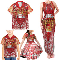 Tonga King's Birthday Family Matching Tank Maxi Dress and Hawaiian Shirt Gold Royal Crown Tribal Patterns