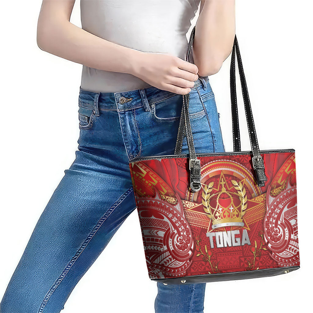 Tonga King's Birthday Leather Tote Bag Gold Royal Crown Tribal Patterns