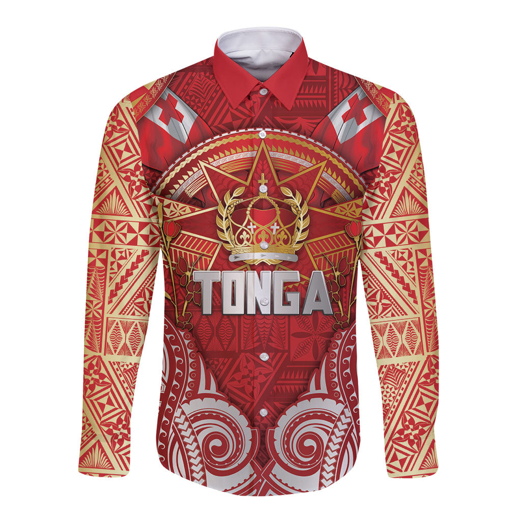 Tonga King's Birthday Long Sleeve Button Shirt Gold Royal Crown Tribal Patterns