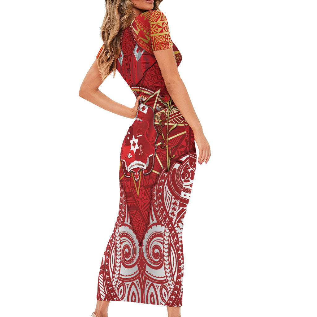 Tonga King's Birthday Short Sleeve Bodycon Dress Gold Royal Crown Tribal Patterns
