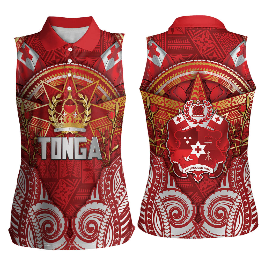 Tonga King's Birthday Women Sleeveless Polo Shirt Gold Royal Crown Tribal Patterns