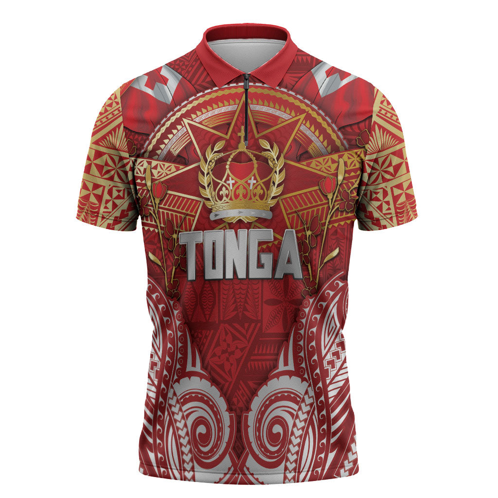 Tonga King's Birthday Zipper Polo Shirt Gold Royal Crown Tribal Patterns