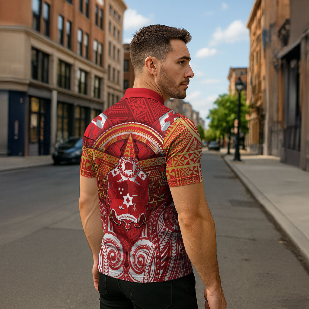 Tonga King's Birthday Zipper Polo Shirt Gold Royal Crown Tribal Patterns
