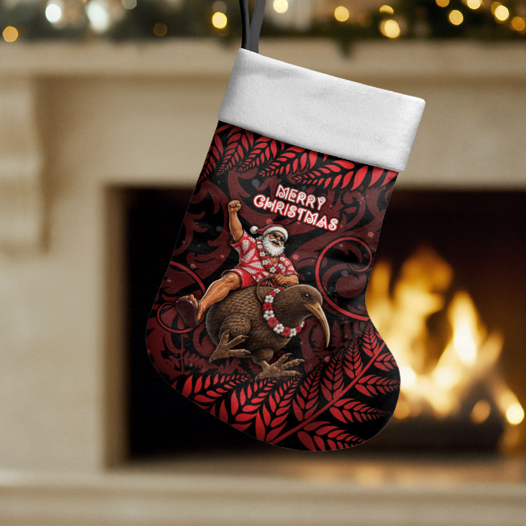 New Zealand Christmas Stocking Red Santa Riding Kiwi Bird Silver Fern DT05 Set of 2 Red - Polynesian Pride
