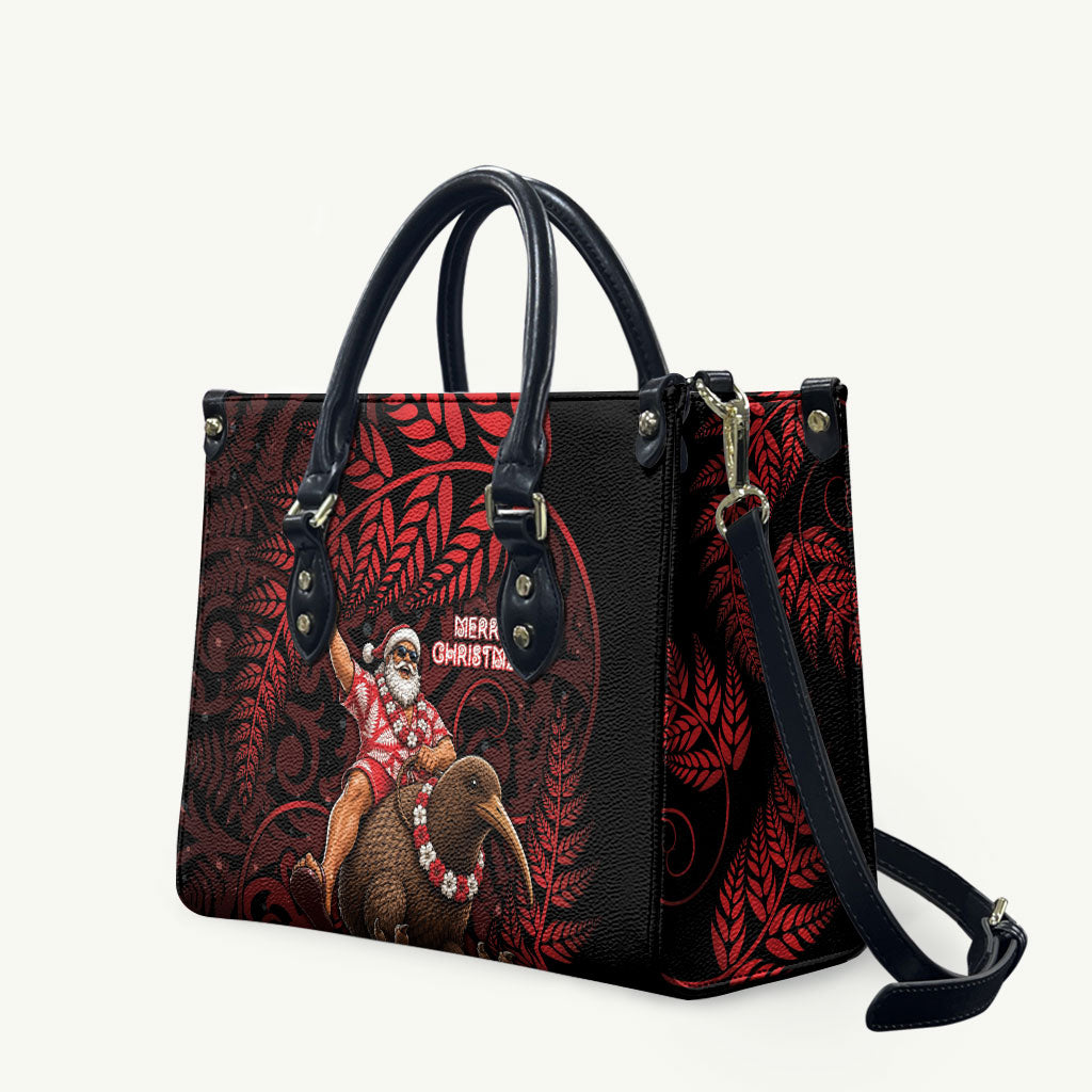 New Zealand Christmas Leather Bag Red Santa Riding Kiwi Bird Silver Fern DT05 Red - Polynesian Pride