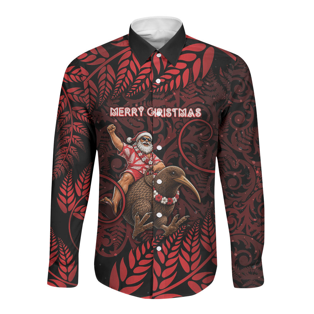 New Zealand Christmas Long Sleeve Button Shirt Red Santa Riding Kiwi Bird Silver Fern DT05 Unisex Red - Polynesian Pride