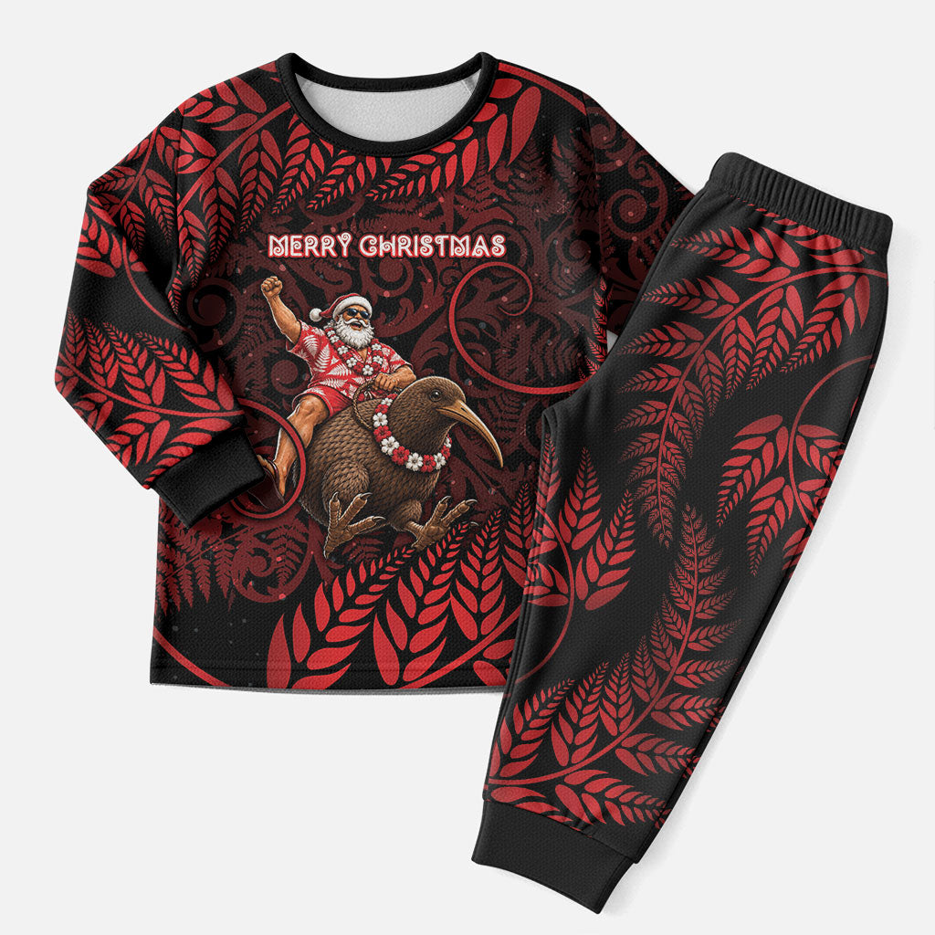 New Zealand Christmas Pajama Set Red Santa Riding Kiwi Bird Silver Fern DT05 Men Red - Polynesian Pride