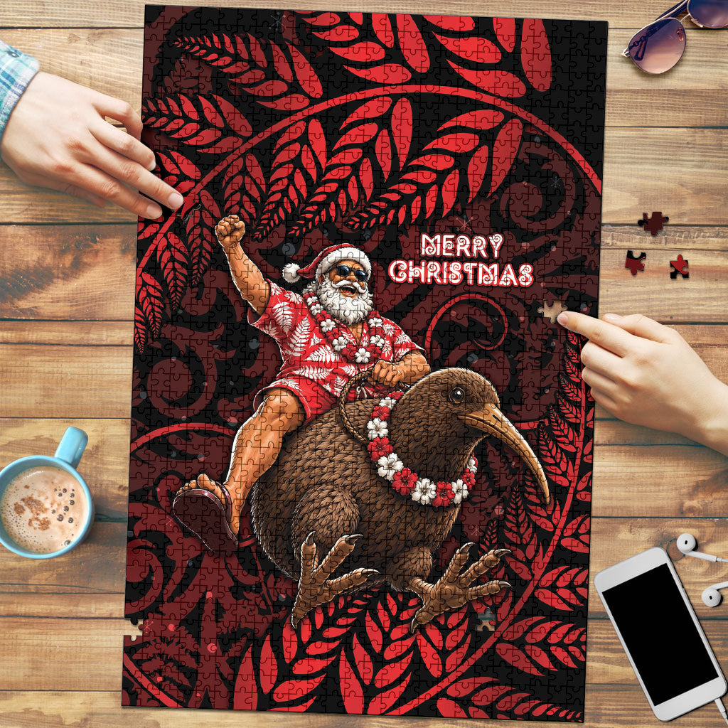 New Zealand Christmas Puzzle Red Santa Riding Kiwi Bird Silver Fern DT05 Red - Polynesian Pride