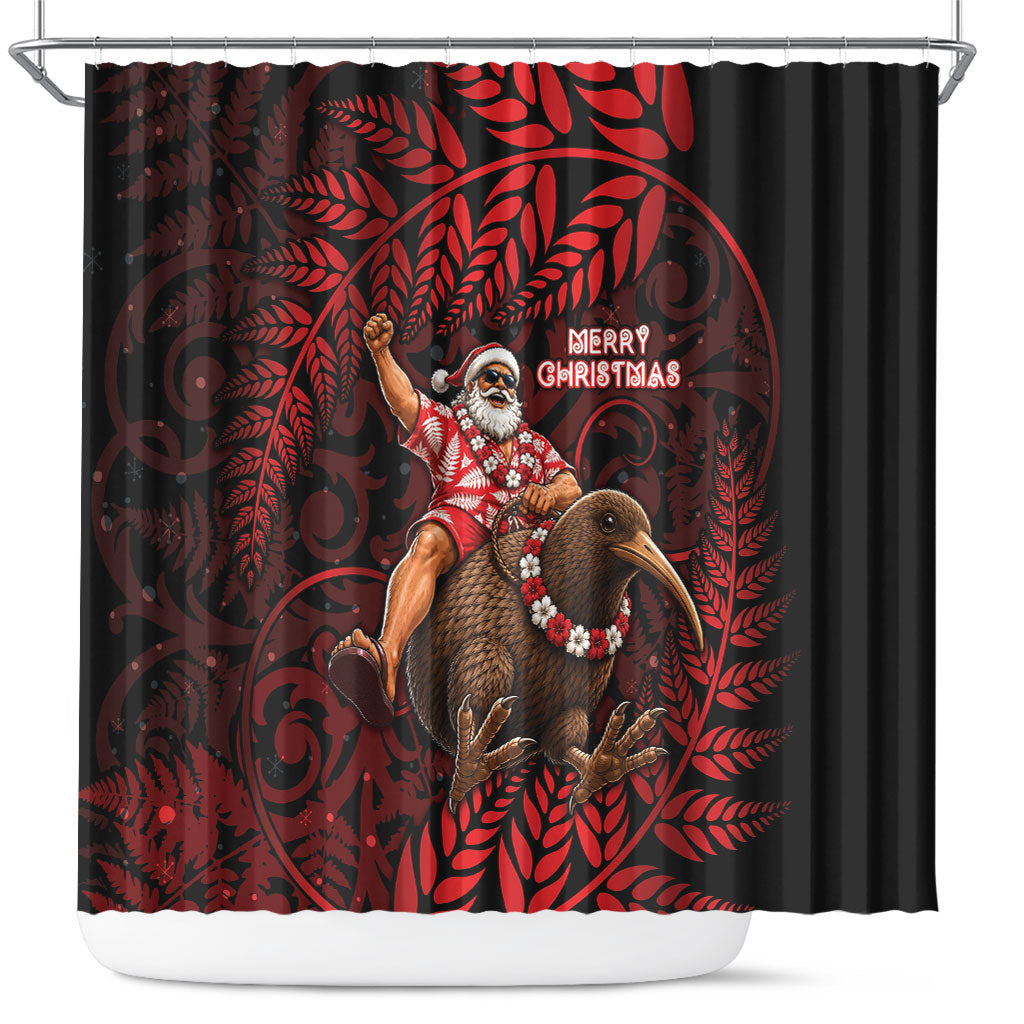 New Zealand Christmas Shower Curtain Red Santa Riding Kiwi Bird Silver Fern DT05 Red - Polynesian Pride