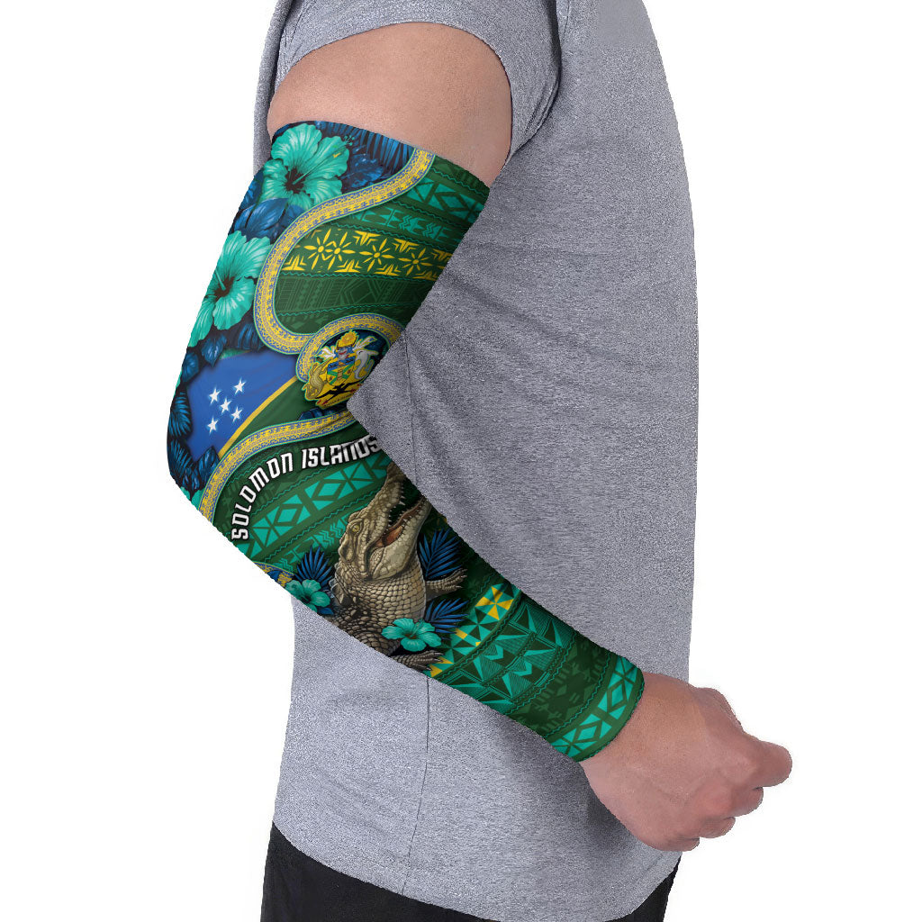 Personalised Solomon Islands Independence Day Arm Sleeves Crocodile Hibiscus Tribal Pattern DT05 - Polynesian Pride