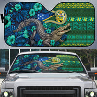 Solomon Islands Independence Day Auto Sun Shade Crocodile Hibiscus Tribal Pattern DT05 Green - Polynesian Pride