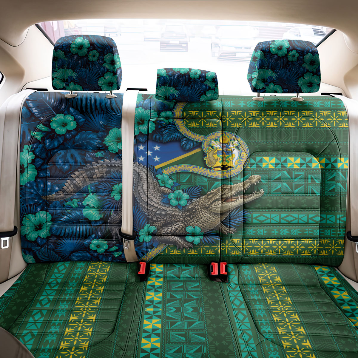 Solomon Islands Independence Day Back Car Seat Cover Crocodile Hibiscus Tribal Pattern DT05 - Polynesian Pride