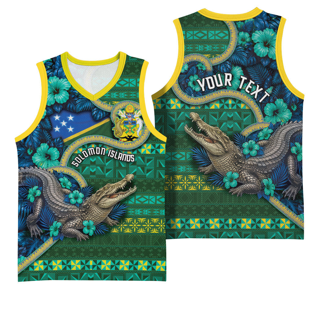 Personalised Solomon Islands Independence Day Basketball Jersey Crocodile Hibiscus Tribal Pattern