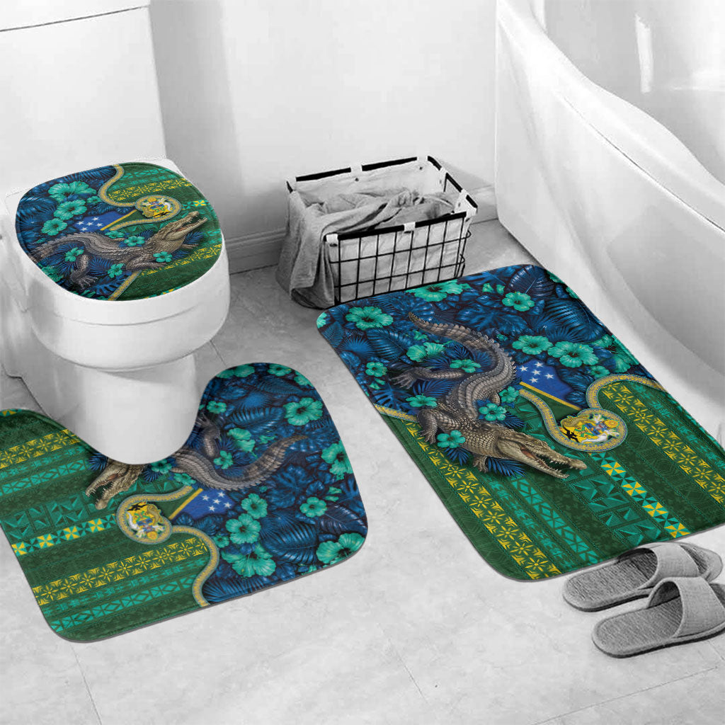 Solomon Islands Independence Day Bathroom Set Crocodile Hibiscus Tribal Pattern DT05 Mat Set Only (3 pcs) One Size Green - Polynesian Pride