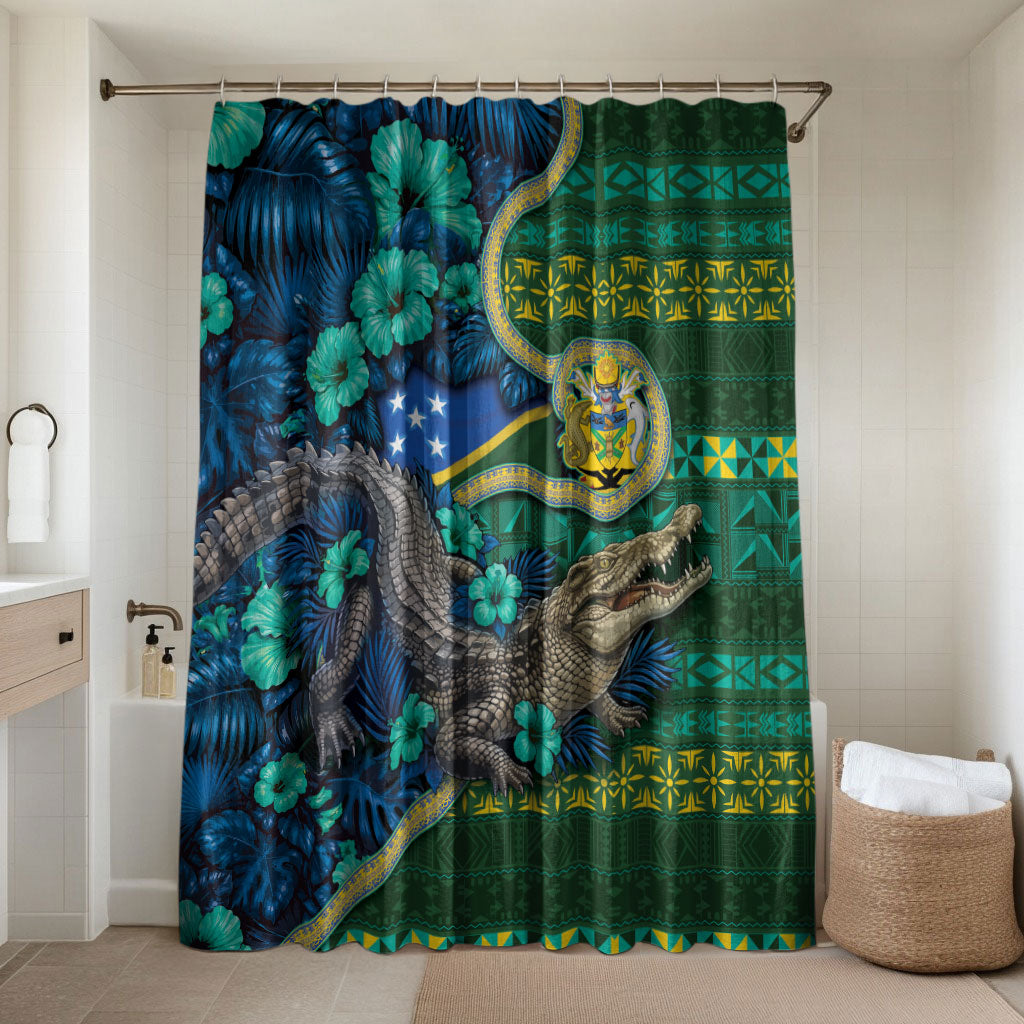 Solomon Islands Independence Day Bathroom Set Crocodile Hibiscus Tribal Pattern DT05 Shower Curtain Only Green - Polynesian Pride