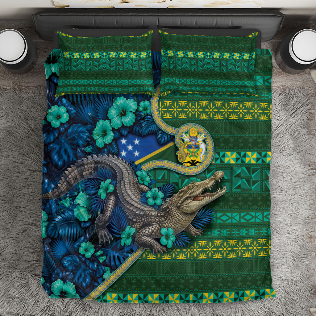 Solomon Islands Independence Day Bedding Set Crocodile Hibiscus Tribal Pattern DT05 Green - Polynesian Pride