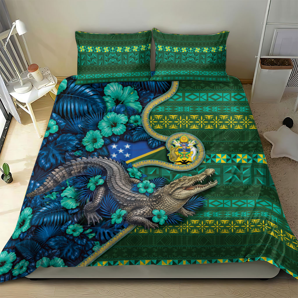 Solomon Islands Independence Day Bedding Set Crocodile Hibiscus Tribal Pattern DT05 - Polynesian Pride