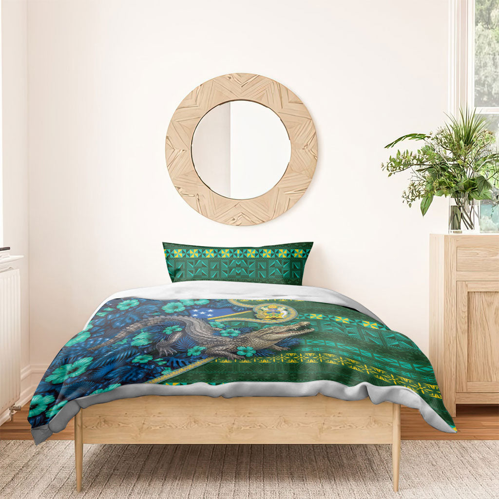 Solomon Islands Independence Day Bedding Set Crocodile Hibiscus Tribal Pattern DT05 - Polynesian Pride