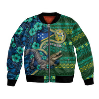 Personalised Solomon Islands Independence Day Bomber Jacket Crocodile Hibiscus Tribal Pattern DT05 Unisex Green - Polynesian Pride