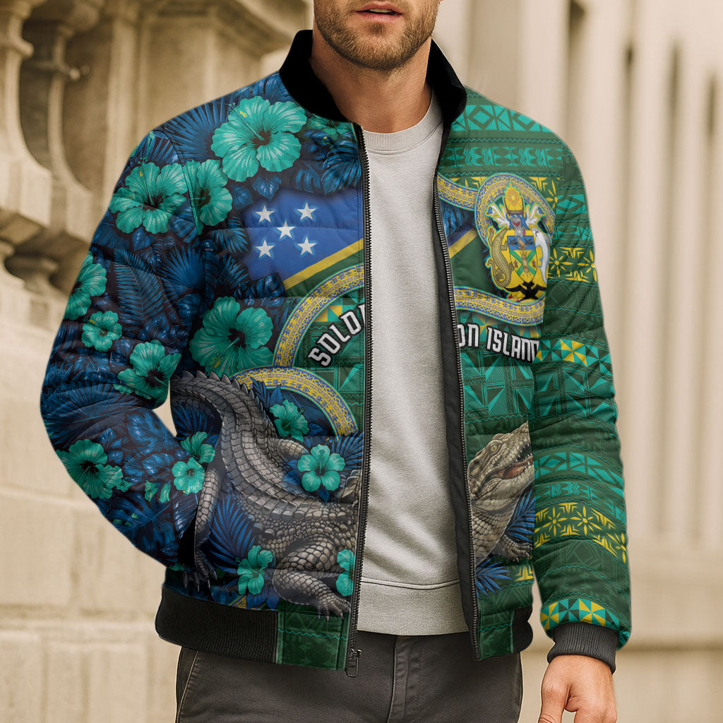 Personalised Solomon Islands Independence Day Bomber Puffer Jacket Crocodile Hibiscus Tribal Pattern DT05 - Polynesian Pride
