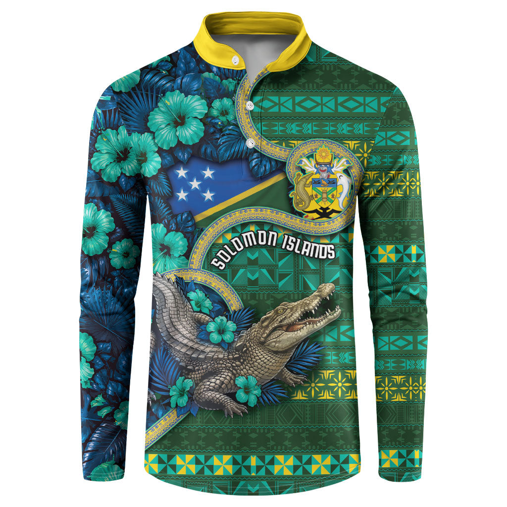 Personalised Solomon Islands Independence Day Button Sweatshirt Crocodile Hibiscus Tribal Pattern DT05 Green - Polynesian Pride