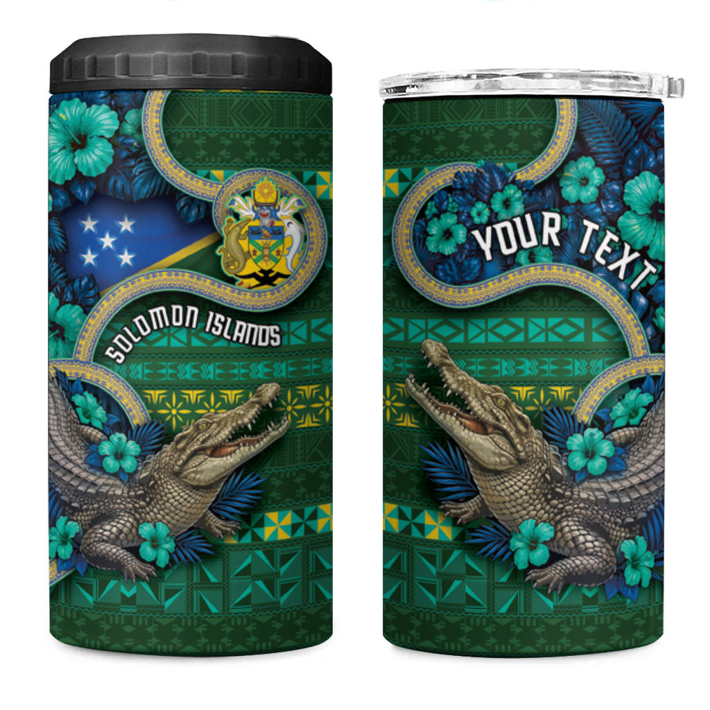 Personalised Solomon Islands Independence Day 4 in 1 Can Cooler Tumbler Crocodile Hibiscus Tribal Pattern