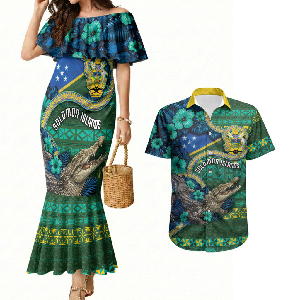 Personalised Solomon Islands Independence Day Couples Matching Mermaid Dress and Hawaiian Shirt Crocodile Hibiscus Tribal Pattern DT05 Green - Polynesian Pride