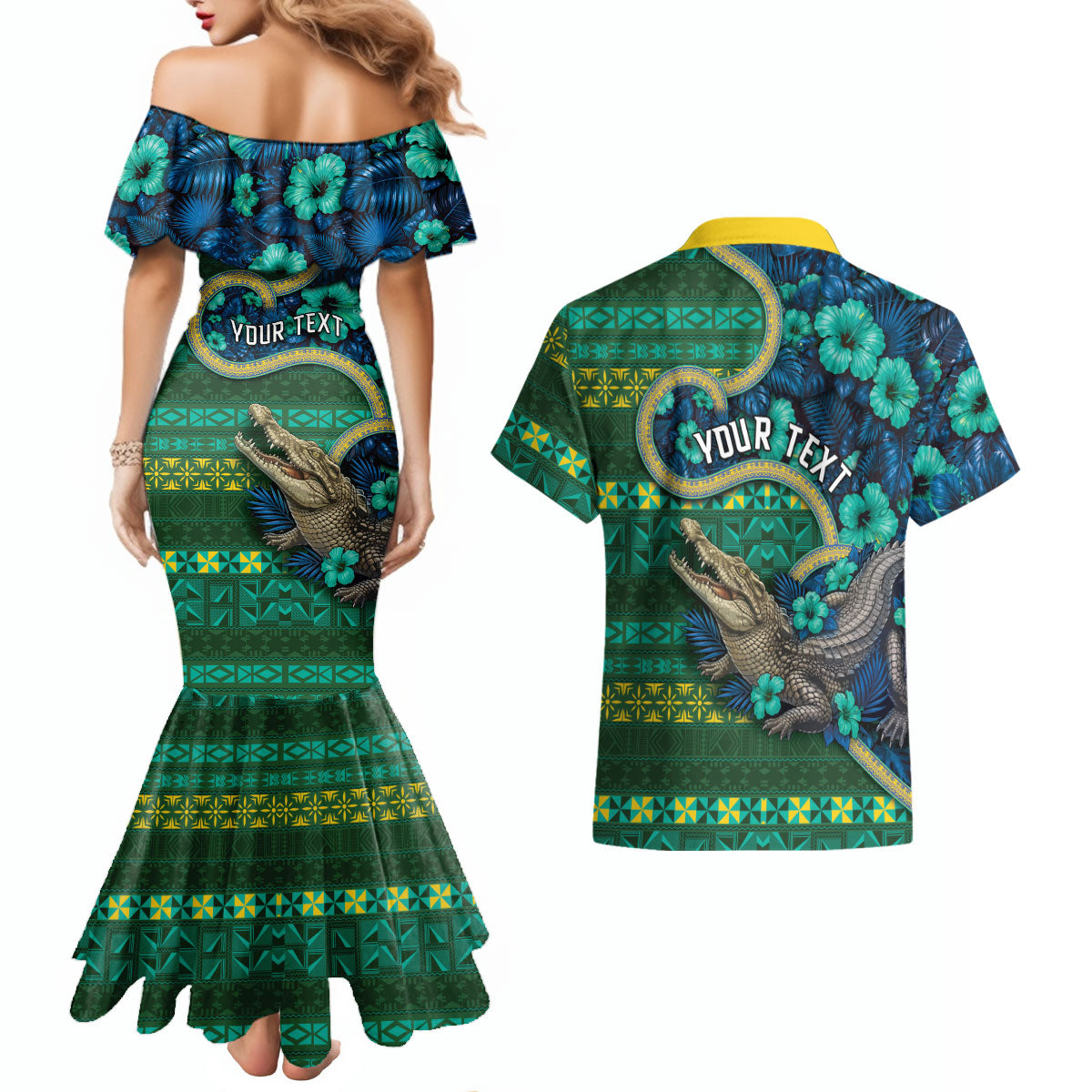 Personalised Solomon Islands Independence Day Couples Matching Mermaid Dress and Hawaiian Shirt Crocodile Hibiscus Tribal Pattern