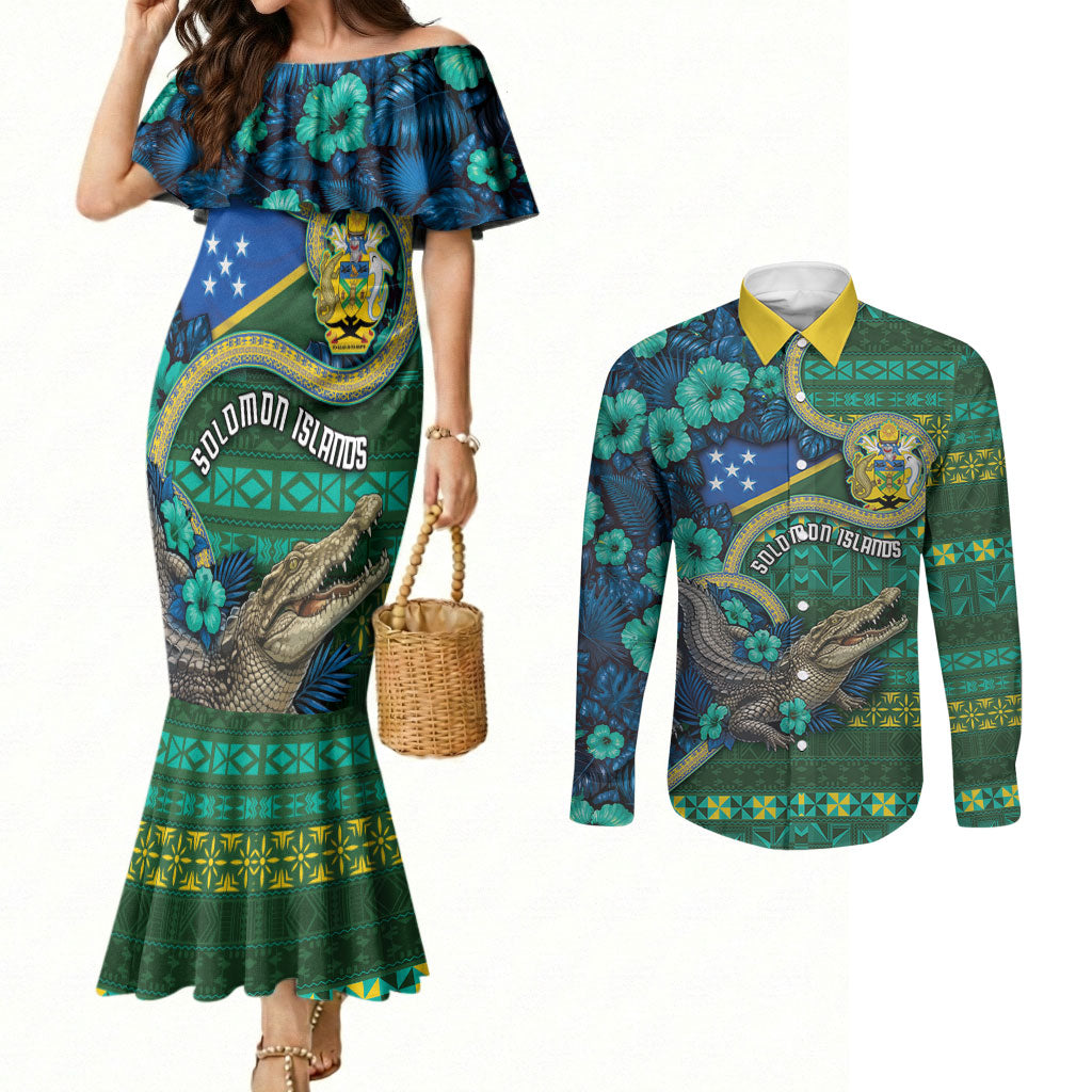 Personalised Solomon Islands Independence Day Couples Matching Mermaid Dress and Long Sleeve Button Shirt Crocodile Hibiscus Tribal Pattern DT05 Green - Polynesian Pride