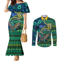 Personalised Solomon Islands Independence Day Couples Matching Mermaid Dress and Long Sleeve Button Shirt Crocodile Hibiscus Tribal Pattern