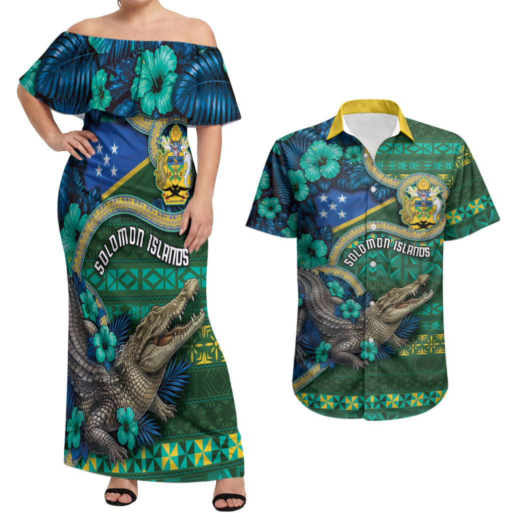 Personalised Solomon Islands Independence Day Couples Matching Off Shoulder Maxi Dress and Hawaiian Shirt Crocodile Hibiscus Tribal Pattern DT05 Green - Polynesian Pride