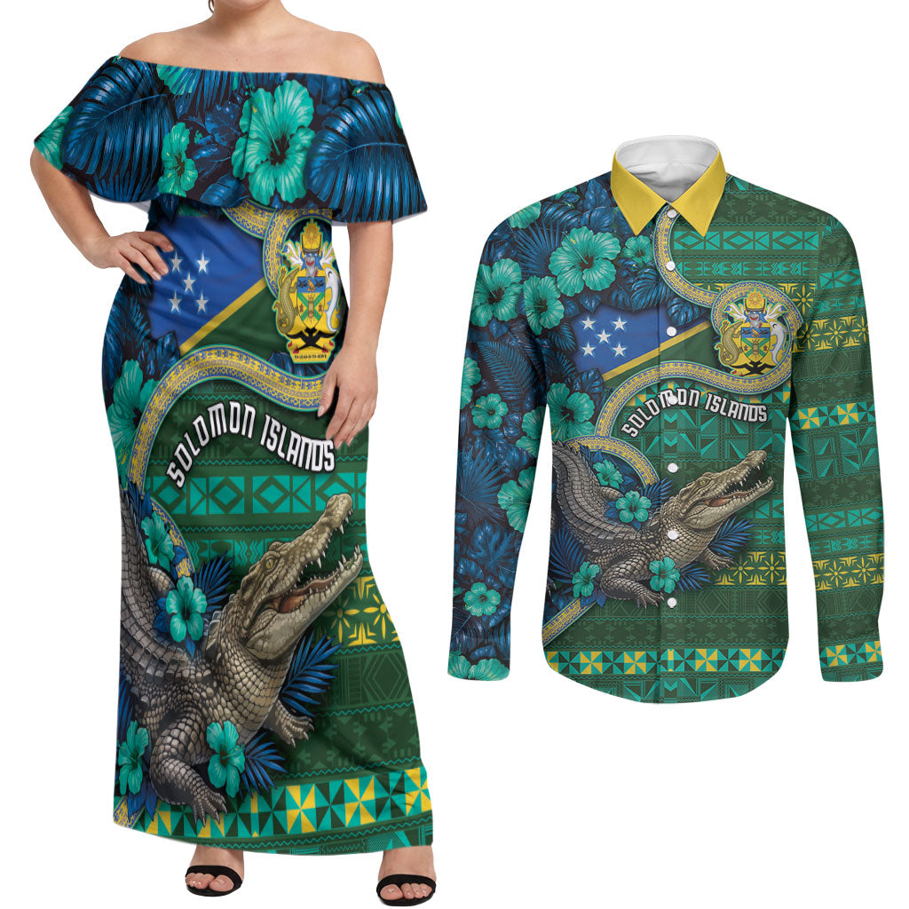 Personalised Solomon Islands Independence Day Couples Matching Off Shoulder Maxi Dress and Long Sleeve Button Shirt Crocodile Hibiscus Tribal Pattern DT05 Green - Polynesian Pride