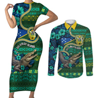 Personalised Solomon Islands Independence Day Couples Matching Short Sleeve Bodycon Dress and Long Sleeve Button Shirt Crocodile Hibiscus Tribal Pattern