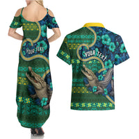 Personalised Solomon Islands Independence Day Couples Matching Summer Maxi Dress and Hawaiian Shirt Crocodile Hibiscus Tribal Pattern