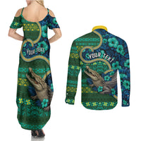 Personalised Solomon Islands Independence Day Couples Matching Summer Maxi Dress and Long Sleeve Button Shirt Crocodile Hibiscus Tribal Pattern