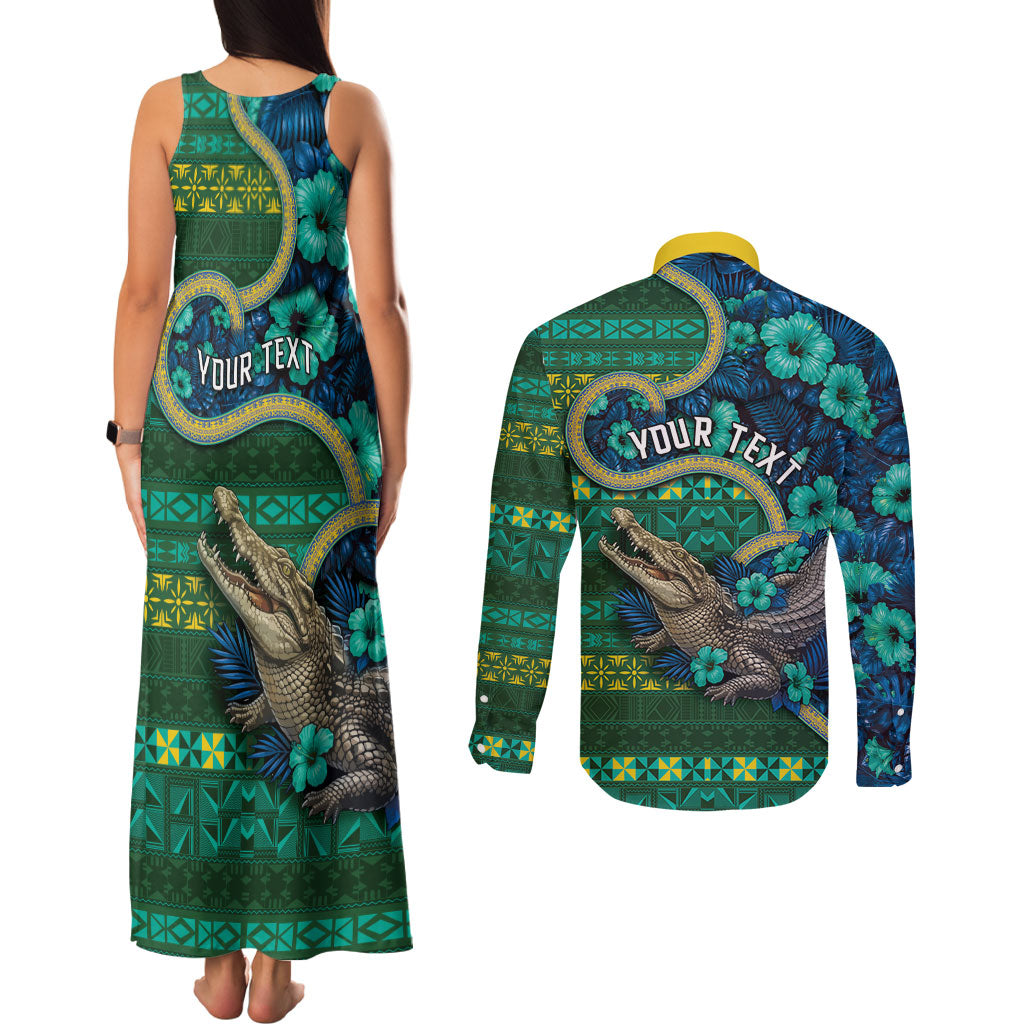 Personalised Solomon Islands Independence Day Couples Matching Tank Maxi Dress and Long Sleeve Button Shirt Crocodile Hibiscus Tribal Pattern