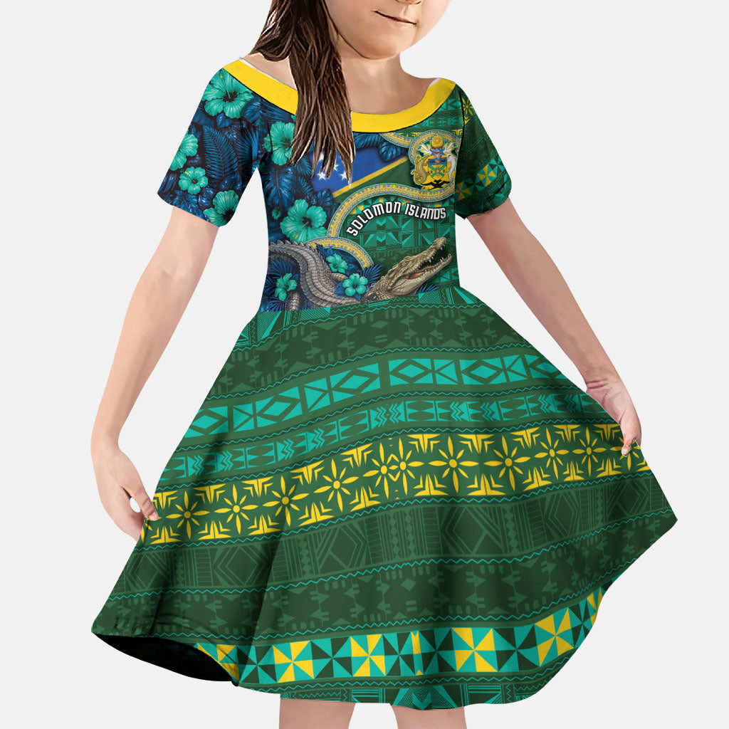 Personalised Solomon Islands Independence Day Family Matching Long Sleeve Bodycon Dress and Hawaiian Shirt Crocodile Hibiscus Tribal Pattern DT05 Daughter's Dress Green - Polynesian Pride