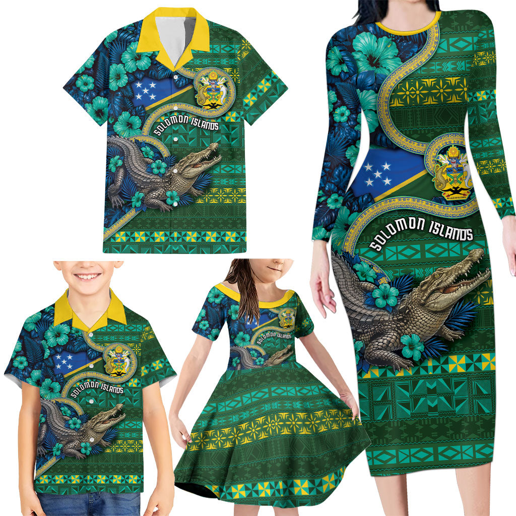 Personalised Solomon Islands Independence Day Family Matching Long Sleeve Bodycon Dress and Hawaiian Shirt Crocodile Hibiscus Tribal Pattern DT05 - Polynesian Pride