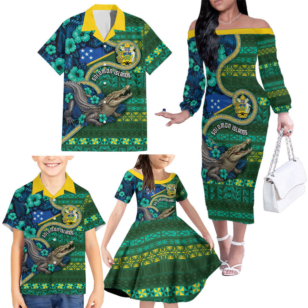 Personalised Solomon Islands Independence Day Family Matching Off The Shoulder Long Sleeve Dress and Hawaiian Shirt Crocodile Hibiscus Tribal Pattern DT05 - Polynesian Pride