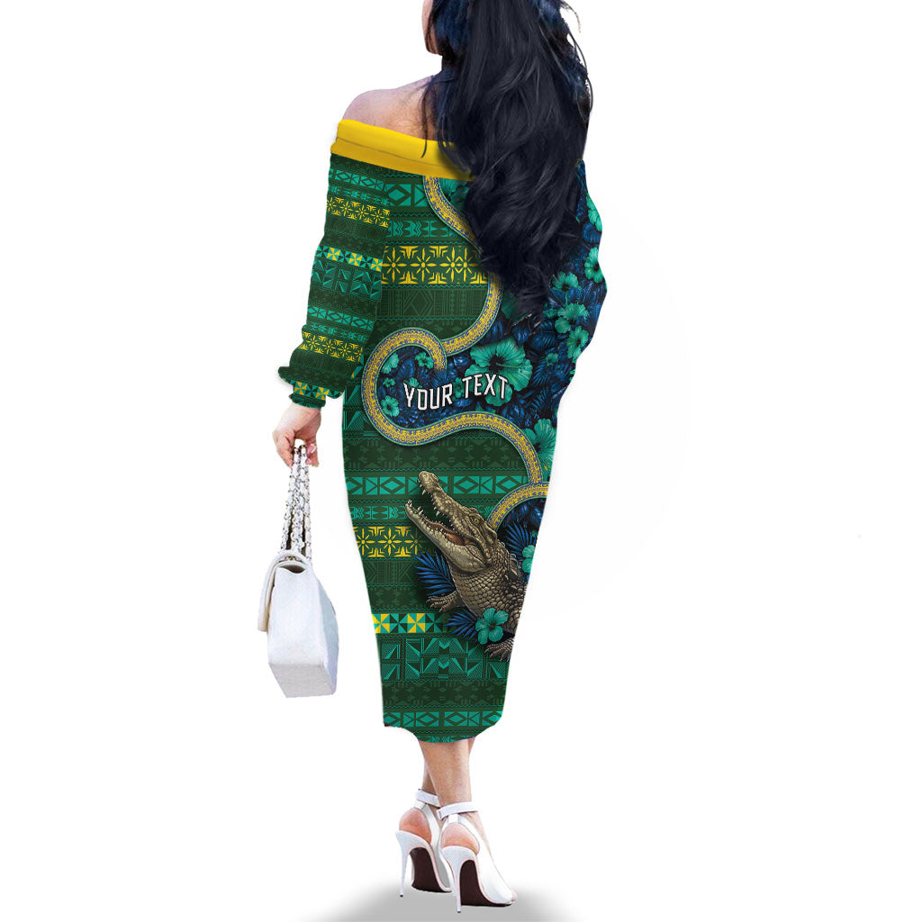 Personalised Solomon Islands Independence Day Family Matching Off The Shoulder Long Sleeve Dress and Hawaiian Shirt Crocodile Hibiscus Tribal Pattern DT05 - Polynesian Pride