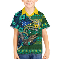 Personalised Solomon Islands Independence Day Family Matching Off Shoulder Maxi Dress and Hawaiian Shirt Crocodile Hibiscus Tribal Pattern