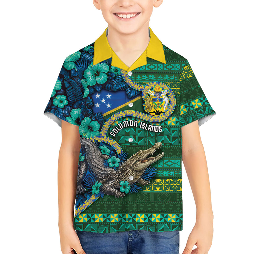 Personalised Solomon Islands Independence Day Family Matching Off Shoulder Short Dress and Hawaiian Shirt Crocodile Hibiscus Tribal Pattern