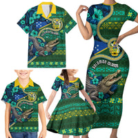 Personalised Solomon Islands Independence Day Family Matching Short Sleeve Bodycon Dress and Hawaiian Shirt Crocodile Hibiscus Tribal Pattern DT05 - Polynesian Pride