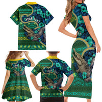 Personalised Solomon Islands Independence Day Family Matching Short Sleeve Bodycon Dress and Hawaiian Shirt Crocodile Hibiscus Tribal Pattern DT05 - Polynesian Pride