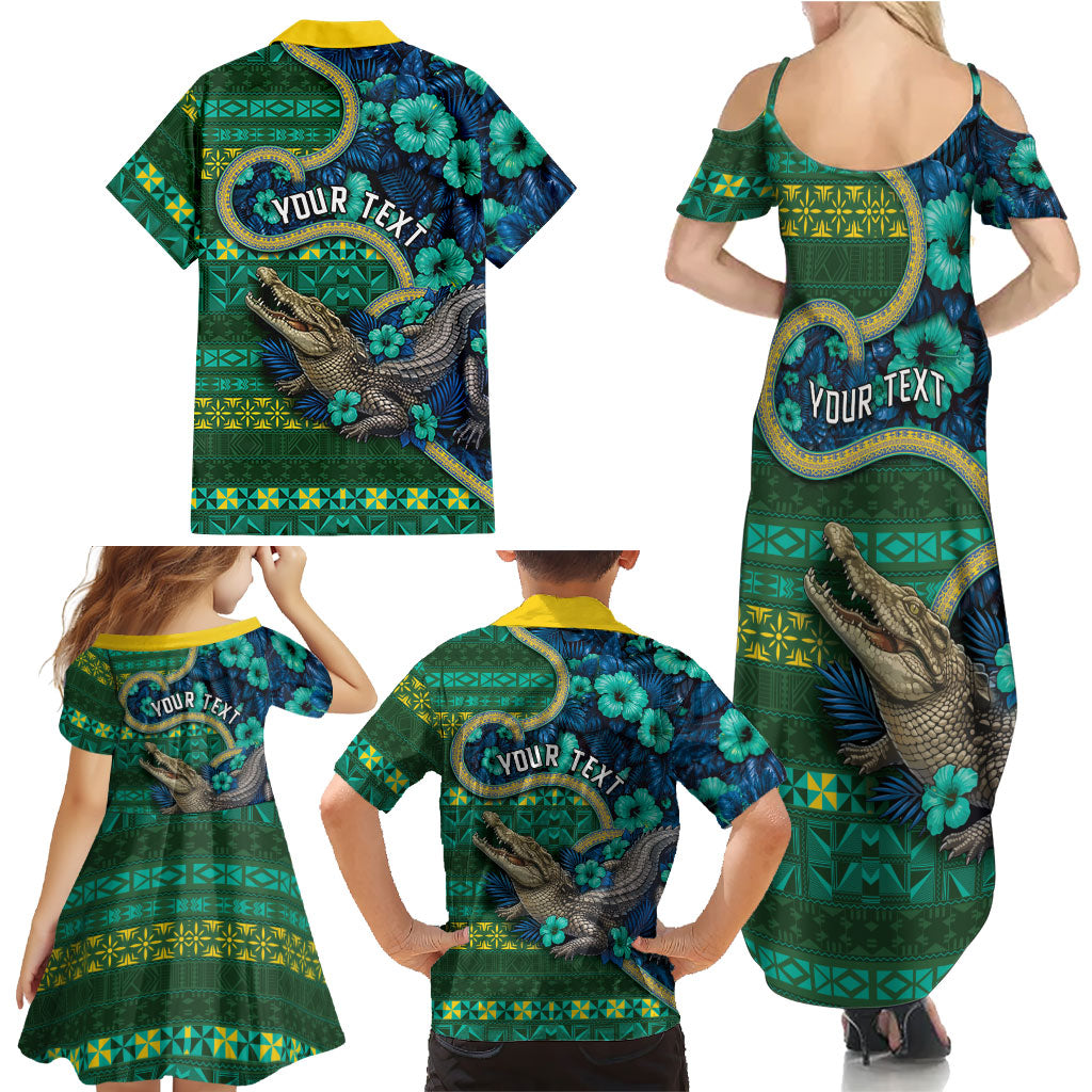 Personalised Solomon Islands Independence Day Family Matching Summer Maxi Dress and Hawaiian Shirt Crocodile Hibiscus Tribal Pattern