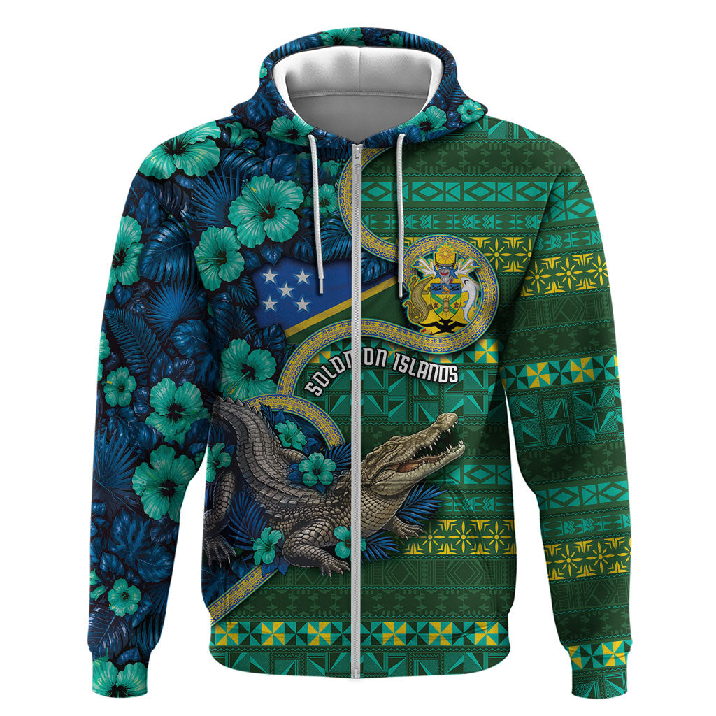 Personalised Solomon Islands Independence Day Hoodie Crocodile Hibiscus Tribal Pattern DT05 Zip Hoodie Green - Polynesian Pride