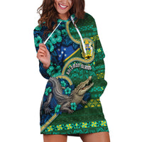 Personalised Solomon Islands Independence Day Hoodie Dress Crocodile Hibiscus Tribal Pattern